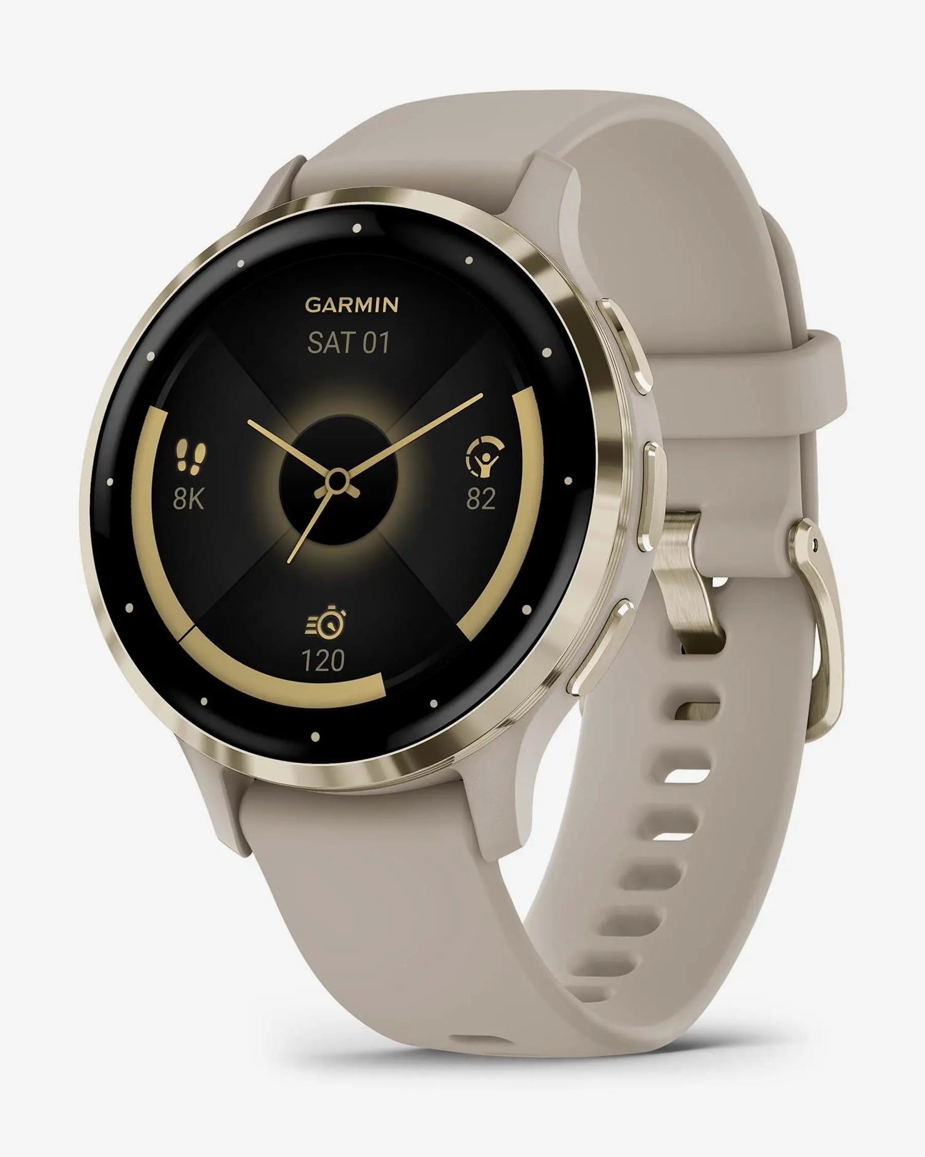Garmin Venu 3S com bracelete de silicone bege e dourado