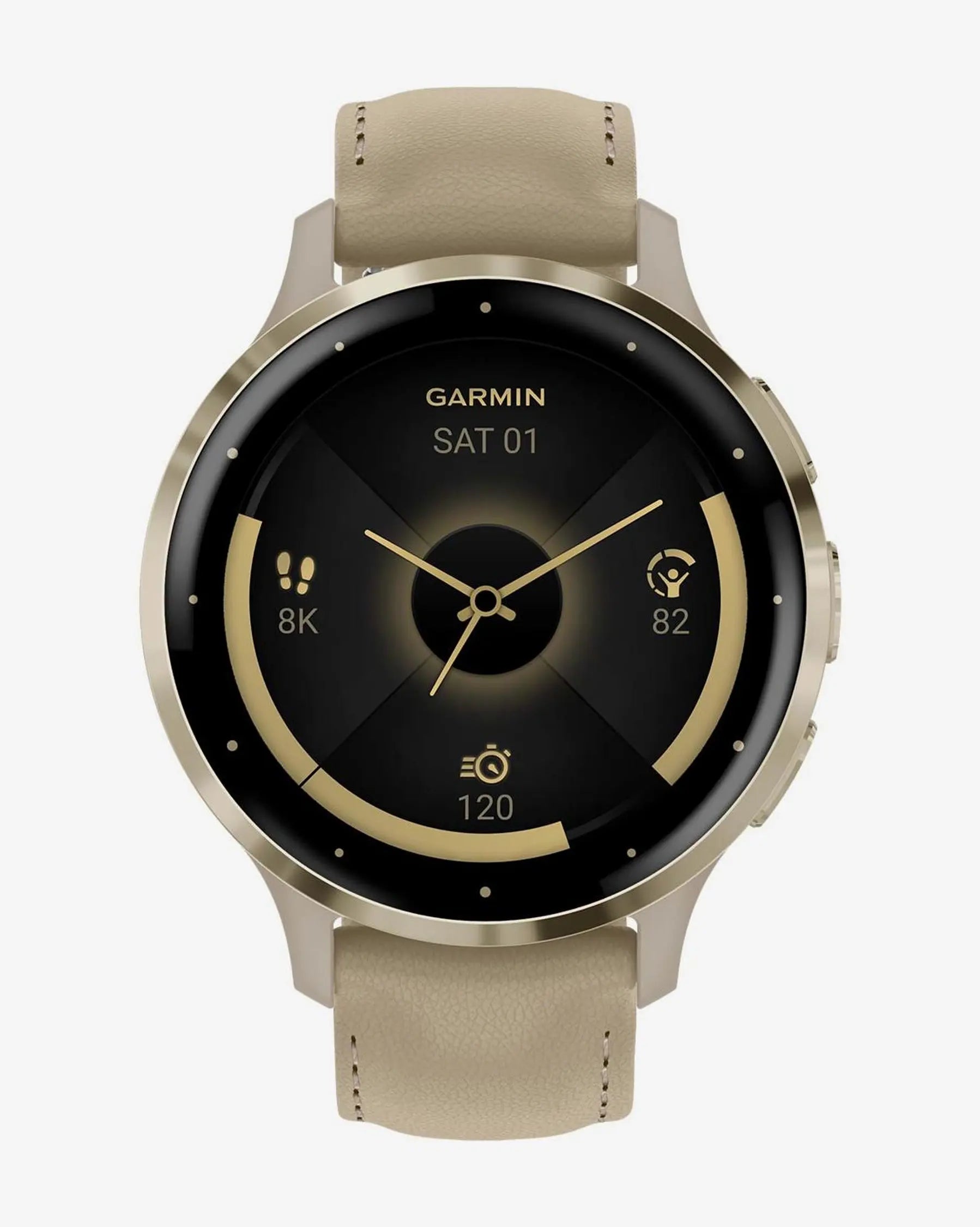 Garmin Venu 3S com bracelete de silicone bege e dourado
