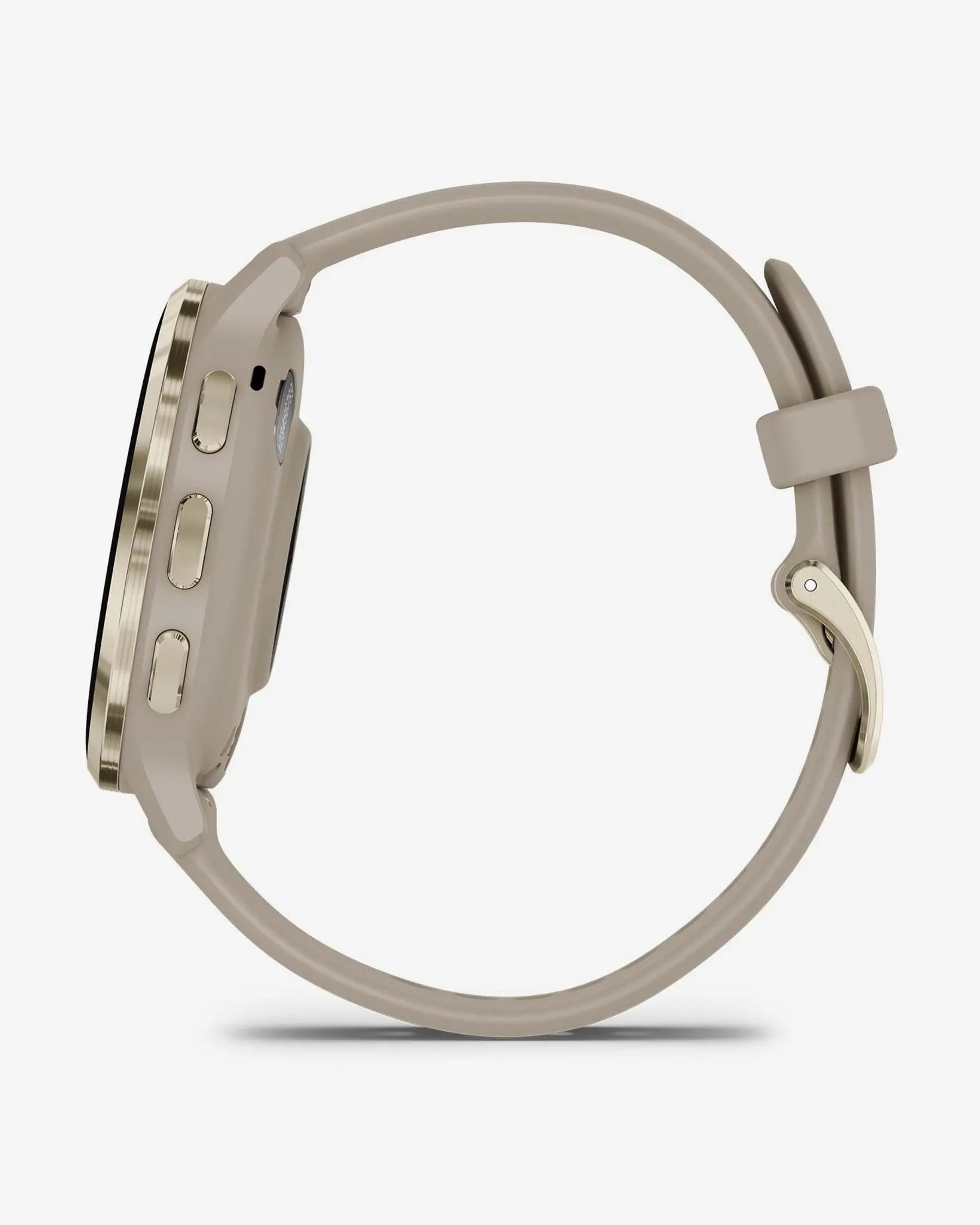 Garmin Venu 3S com bracelete de silicone bege e dourado