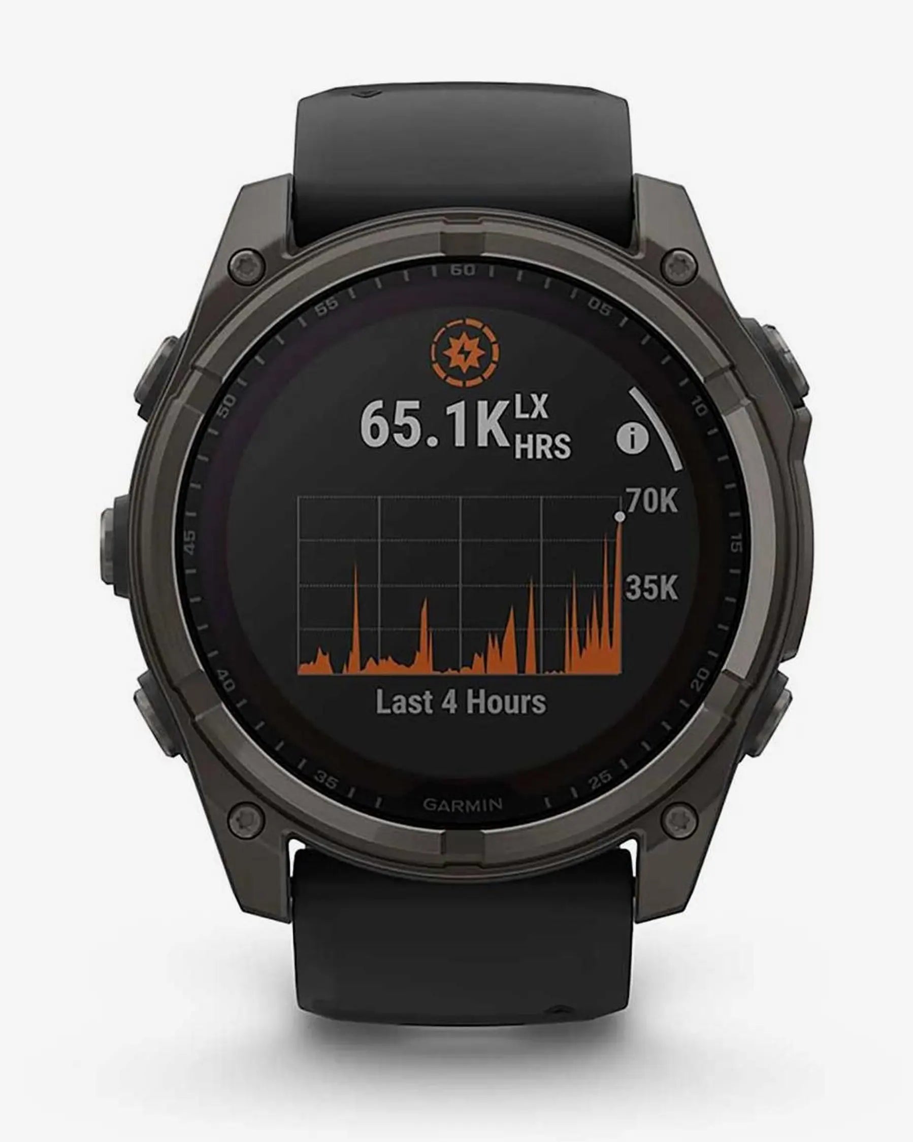 Garmin Fenix 8 Sapphire Solar 51mm com bracelete preta e detalhes em titânio e cinzento carbono