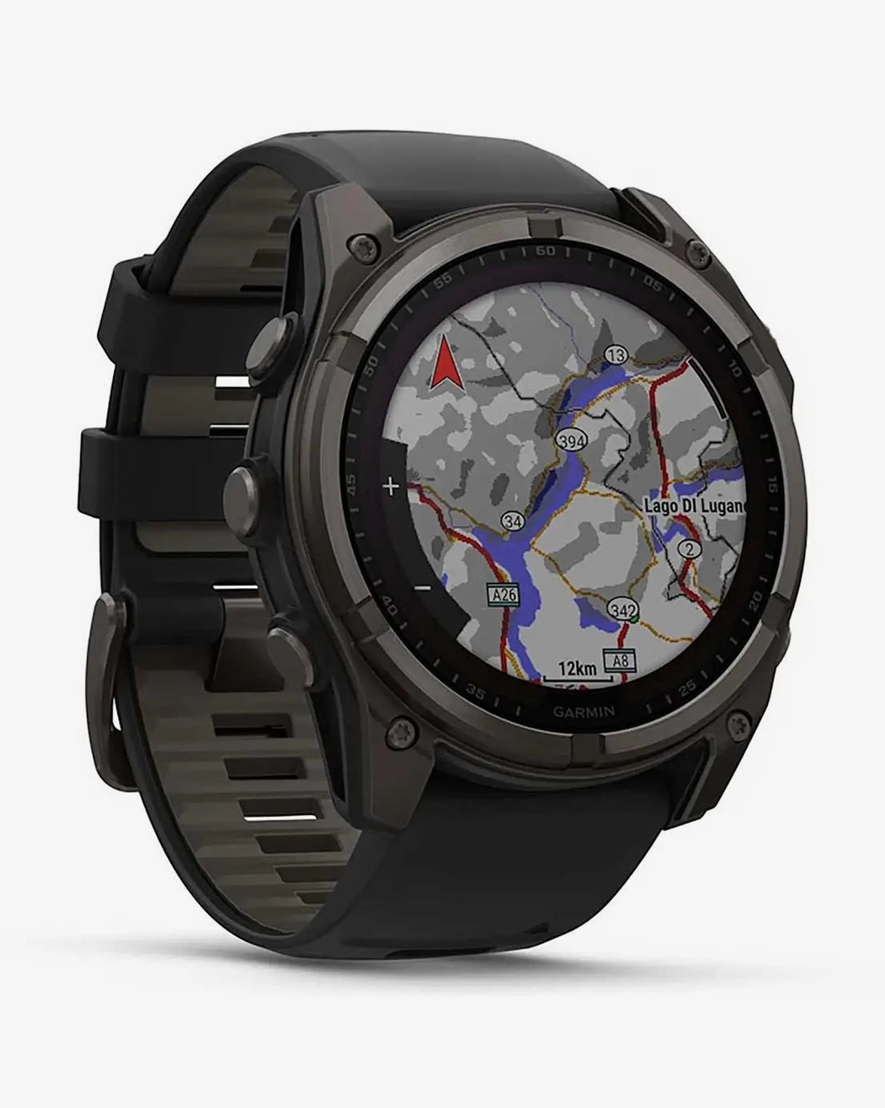 Garmin Fenix 8 Sapphire Solar 51mm com bracelete preta e detalhes em titânio e cinzento carbono
