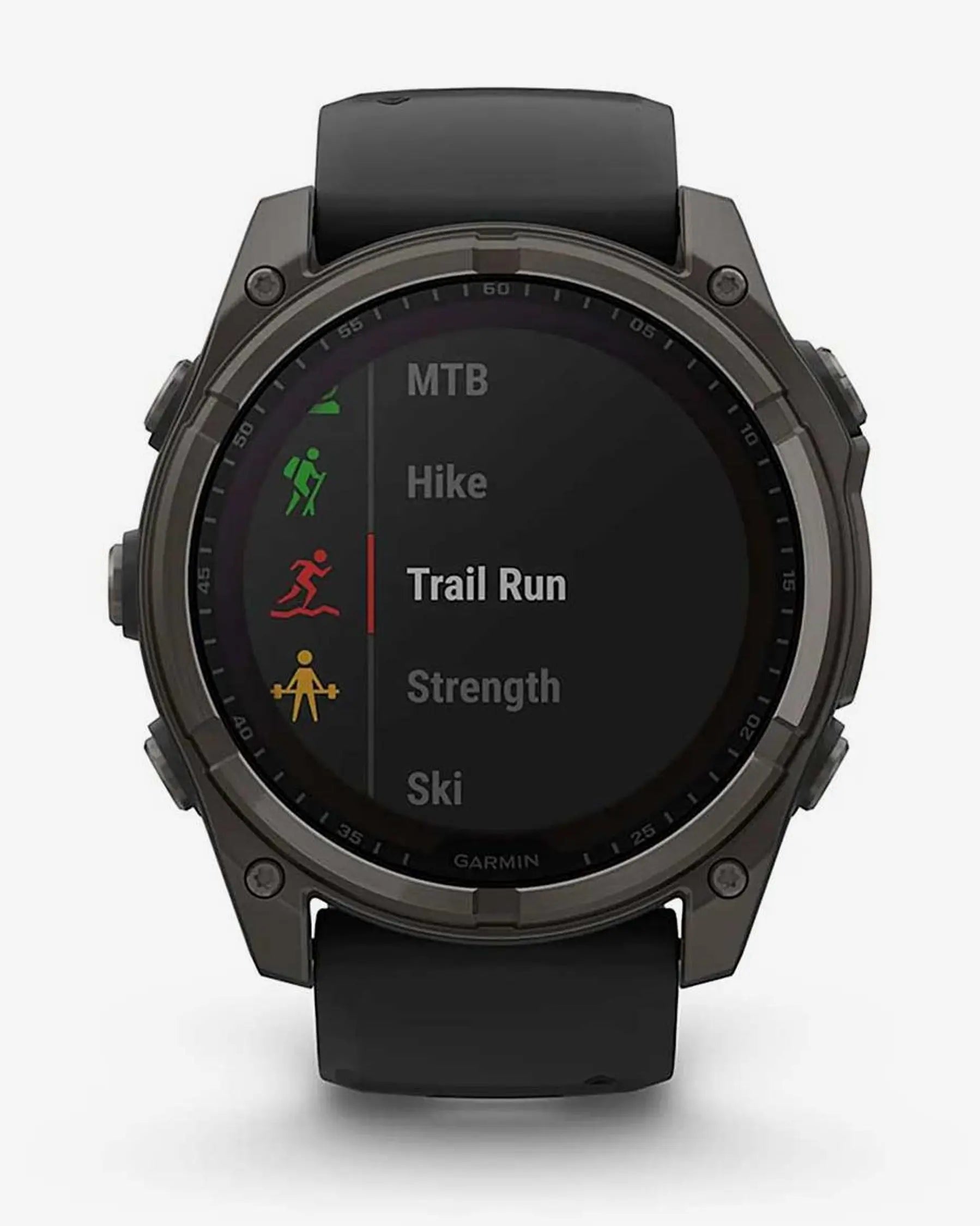 Garmin Fenix 8 Sapphire Solar 51mm com bracelete preta e detalhes em titânio e cinzento carbono
