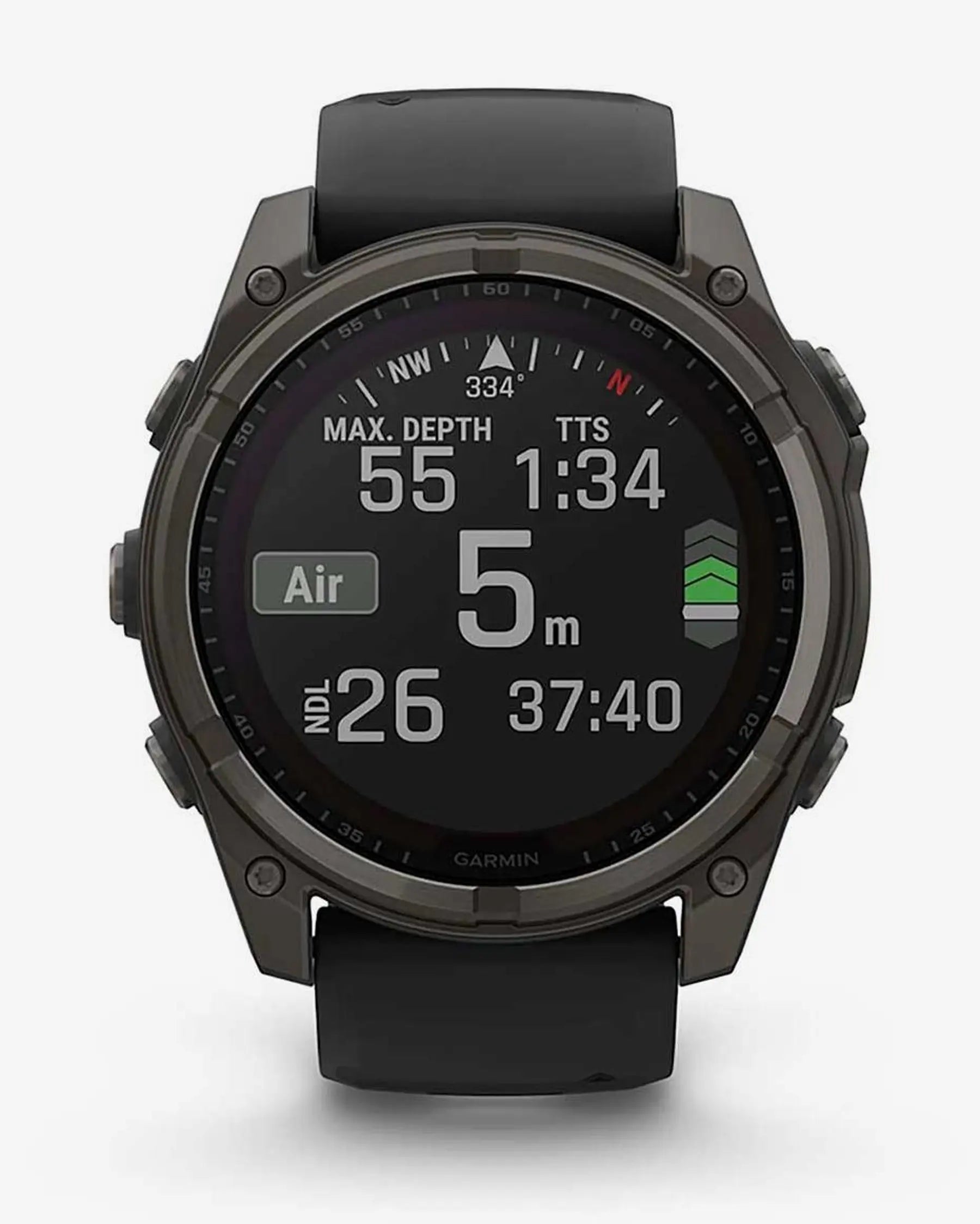 Garmin Fenix 8 Sapphire Solar 51mm com bracelete preta e detalhes em titânio e cinzento carbono
