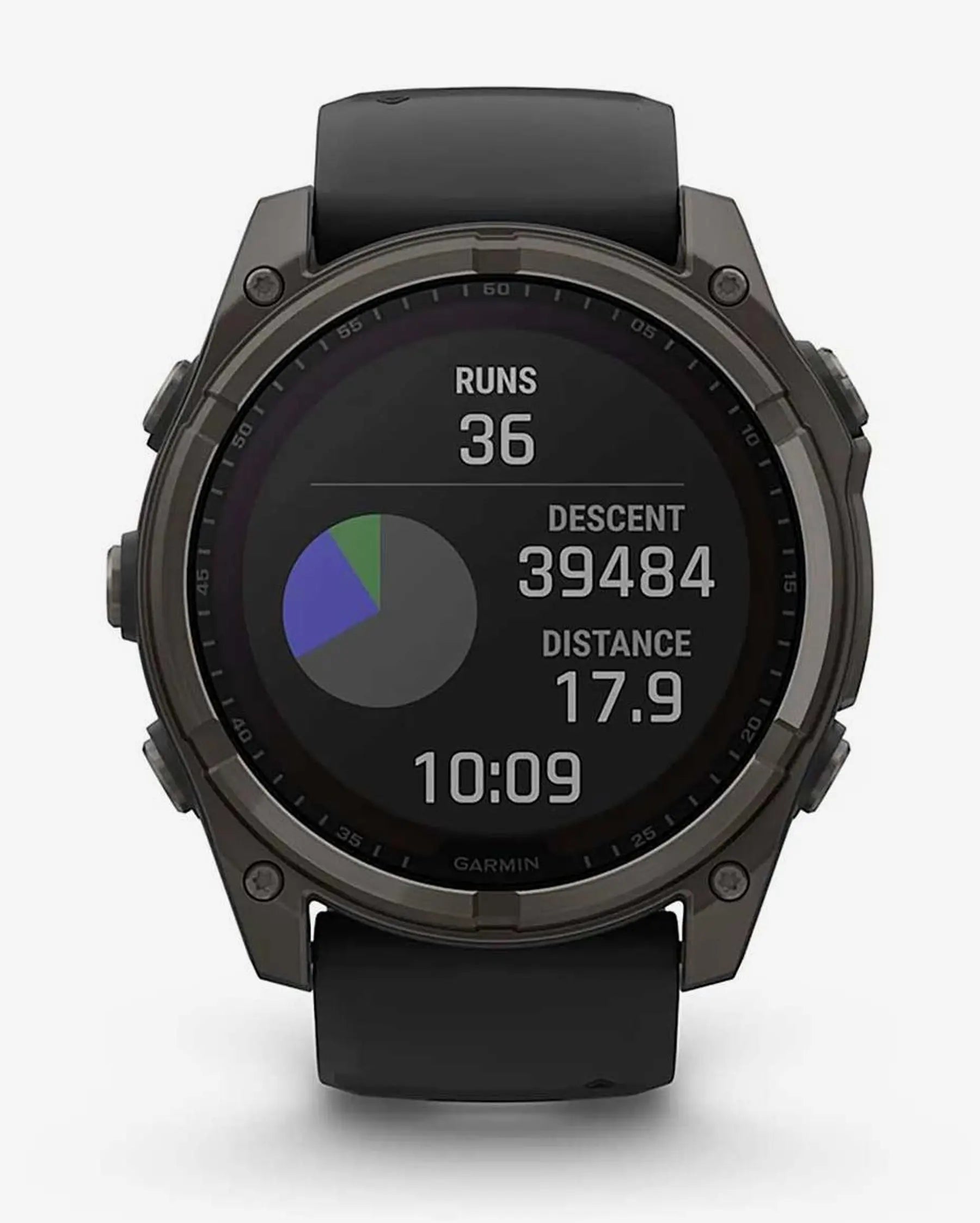 Garmin Fenix 8 Sapphire Solar 51mm com bracelete preta e detalhes em titânio e cinzento carbono