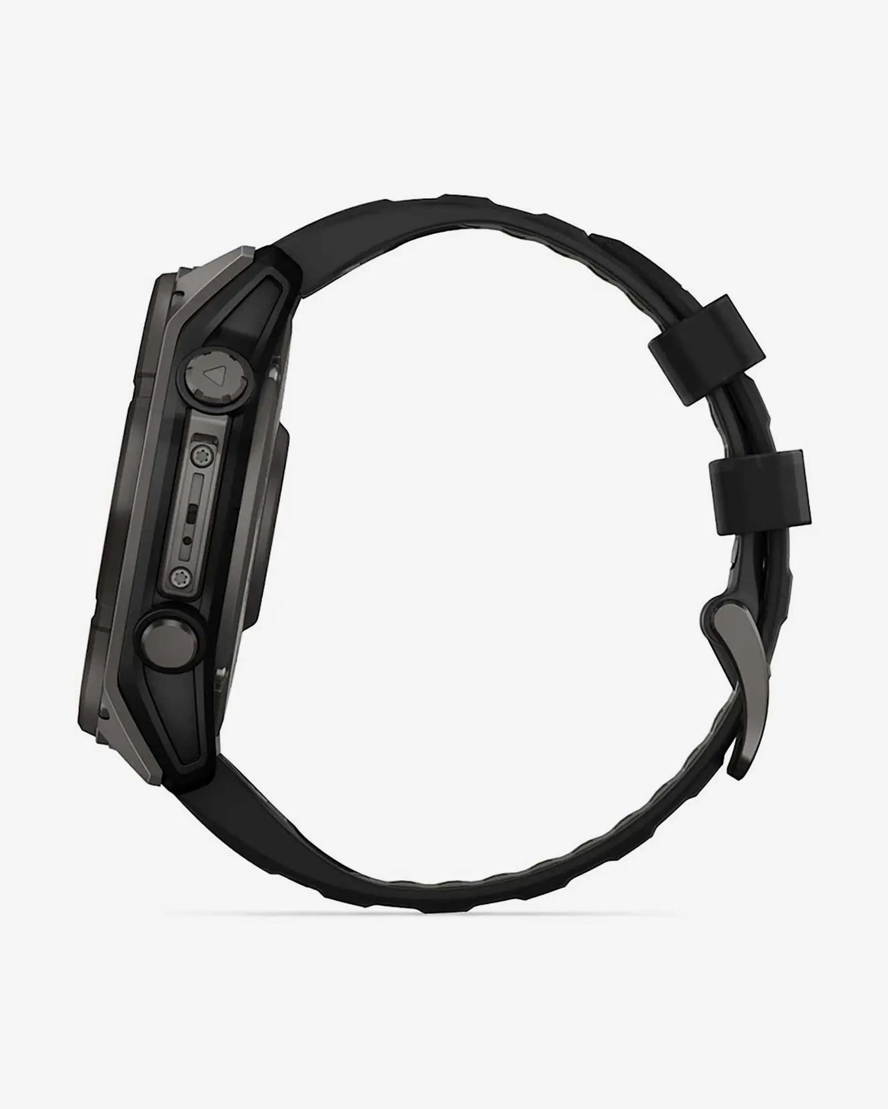 Garmin Fenix 8 Sapphire Solar 51mm com bracelete preta e detalhes em titânio e cinzento carbono