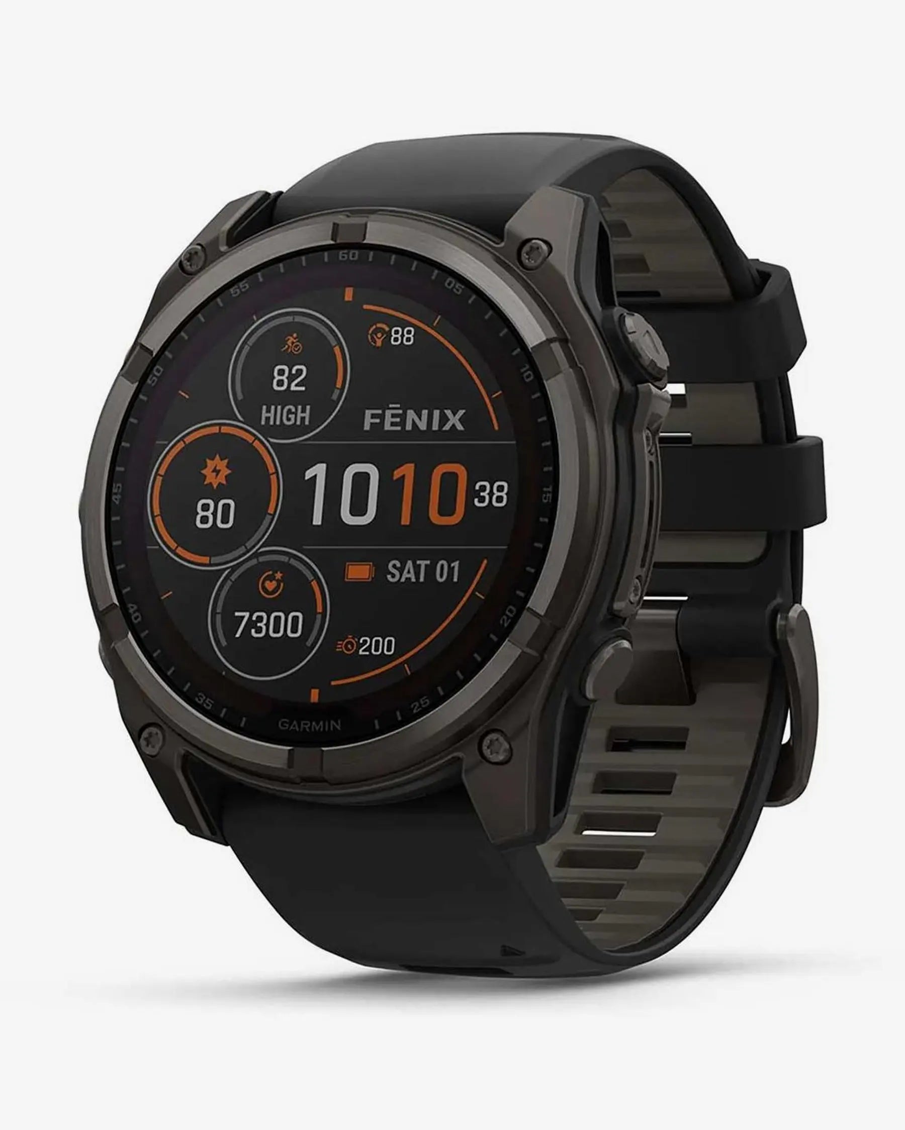 Garmin Fenix 8 Sapphire Solar 51mm com bracelete preta e detalhes em titânio e cinzento carbono