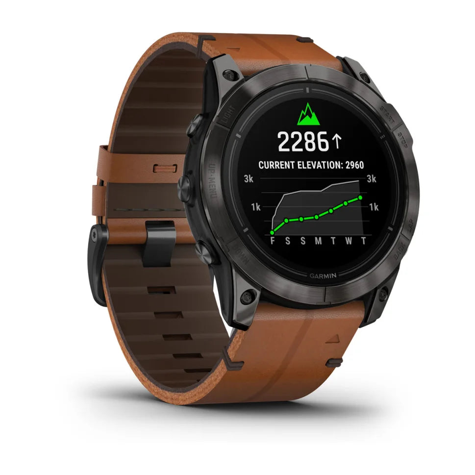 Relógio Garmin epix™ Pro (Gen 2) – Sapphire Edition | 51 mm Titânio, DLC cinzento carvão com bracelete de pele castanha