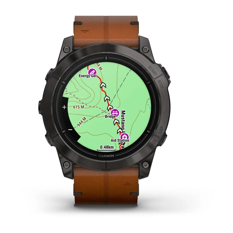 Relógio Garmin epix™ Pro (Gen 2) – Sapphire Edition | 51 mm Titânio, DLC cinzento carvão com bracelete de pele castanha